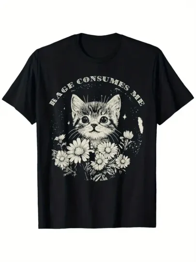 Discover Funny Cat Graphic T-Shirt - 'Rage Consumes Me' Sarcastic Kitten & Flower Design,