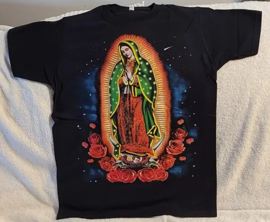 Discover OUR LADY OF GUADALUPE STARS ROSE FLOWER SKY RELIGION VIRGIN MARY T-SHIRT