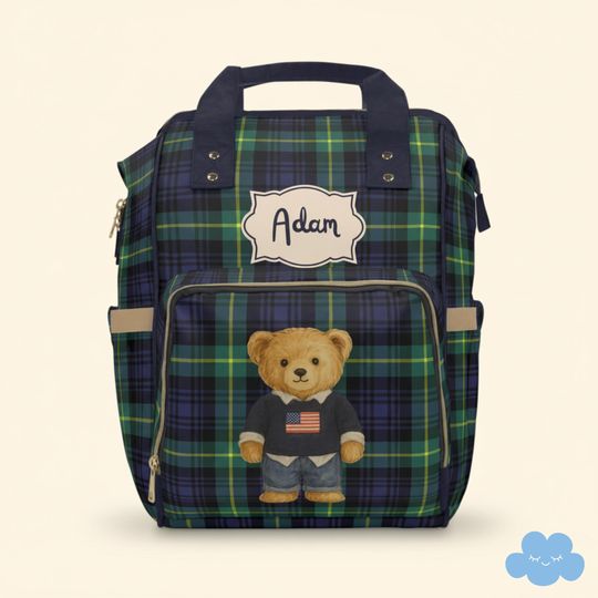 Discover Personalized Plaid Diaper Bag with Teddy Bear, Custom Name Baby Bag