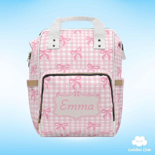 Discover Personalized Pink Gingham Diaper Backpack, Coquette Bow Baby Bag