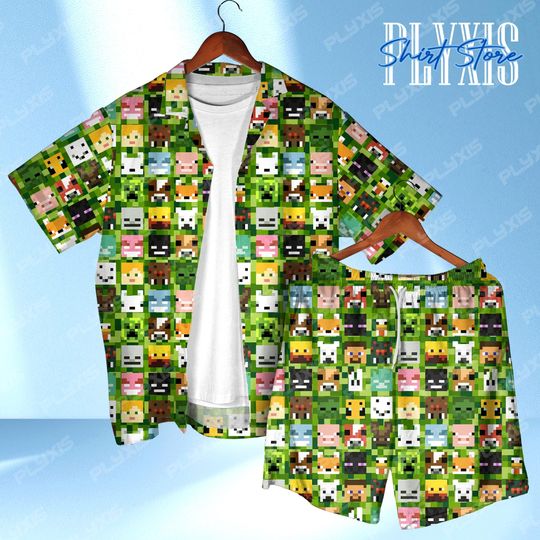 Mine Craft Cube Hawaiian Shirt - Gamer Tropical Button Down Shirt - Fantasy Video Game Gift for Gamer