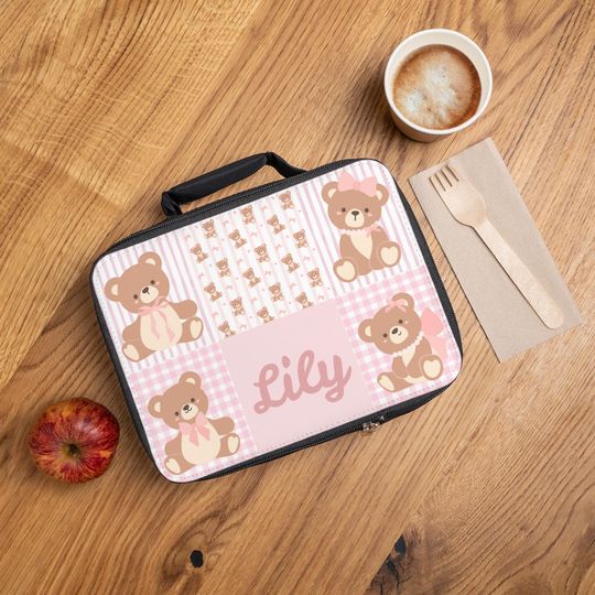 Discover Personalized Pink Teddy Bear Lunch Bag, Coquette Travel Bag