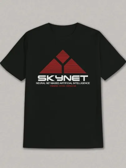 Discover Men'S Casual Summer Graphic T-Shirt - "SKYNET" Design, Black Polyester Crew Neck