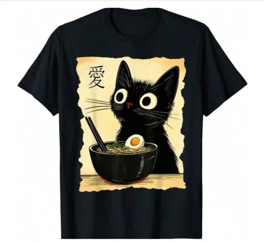 Discover Funny Cat Ramen Graphic Tee Japanese Kawaii Anime Cat T-Shirt