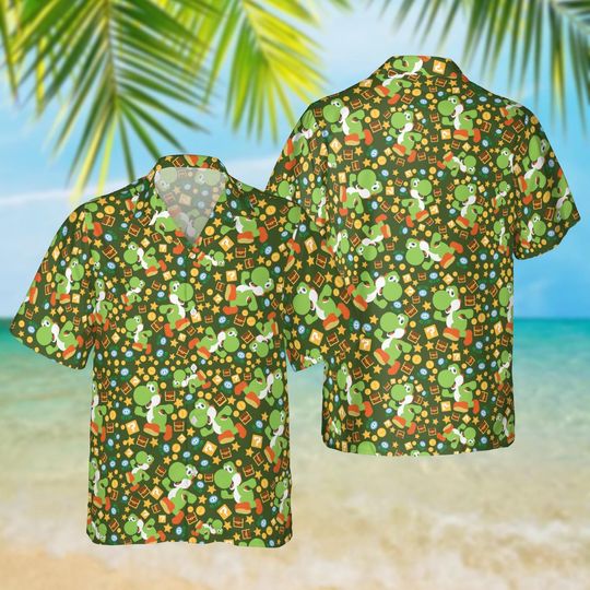 Yoshi Hawaiian Shirt, Super Mario Button Shirt, Family Vacation Outfit