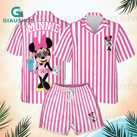Discover Disney Minnie Mouse Pink Striped Hawaiian Set, Personalized Minnie Aloha Outfit for Youth and Adult, Custom Name Summer Vacation Beachwear