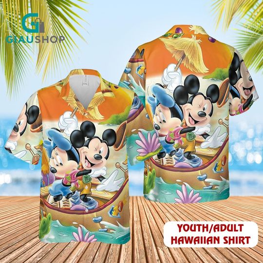 Mickey Minnie Hawaiian 3D Shirt, Youth Adult Cartoon Beach Shirt, Summer Vacation Tropical Button Up Shirt for Kids and Adults