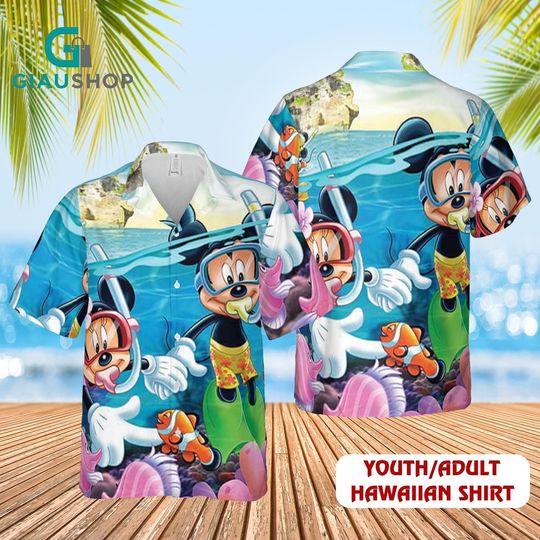 Mickey Minnie Diving Hawaiian Shirt Youth Adult Cartoon Ocean Beach Summer Tropical Vacation Button Up Shirt for Kids and Adults