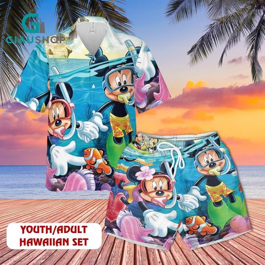 Discover Mickey Mouse Hawaiian Shirt and Shorts Set, Disney Cartoon Ocean Snorkeling Outfit for Youth & Adult, Tropical Beach Summer Wear