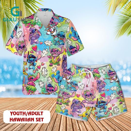 Discover Stitch Hawaiian Shirt and Shorts Set, Disney Cartoon Rainbow Tropical Outfit for Youth & Adult, Cute Summer Beach Wear