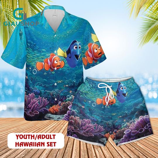 Finding Nemo and Dory Hawaiian Shirt and Shorts Set, Disney Cartoon Ocean Tropical Outfit for Youth & Adult Summer Beach Wear
