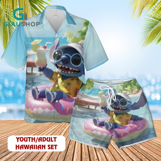 Discover Stitch Hawaiian Shirt and Shorts Set, Disney Stitch Summer Tropical Outfit for Youth & Adult, Beach Vacation Cartoon Wear