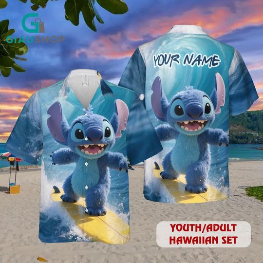 Discover Personalized Stitch Hawaiian Shirt Shorts Set for Youth & Adult, Disney Surf Summer Beach Outfit, Beach Vacation Cartoon Wear
