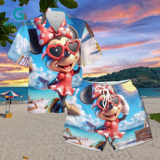 Discover Minnie Mouse Tropical Hawaiian Shirt & Beach Shorts Set, Cute Disney Summer Outfit, Aloha Vacation Matching Set for Kids Youth Adults