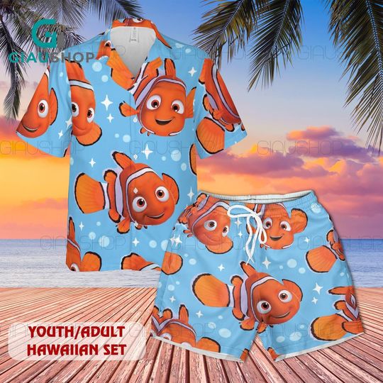 Finding Nemo Hawaiian Shirt & Beach Shorts Set for Youth Adult, Cute Cartoon Tropical Aloha Outfit, Summer Vacation Matching Set