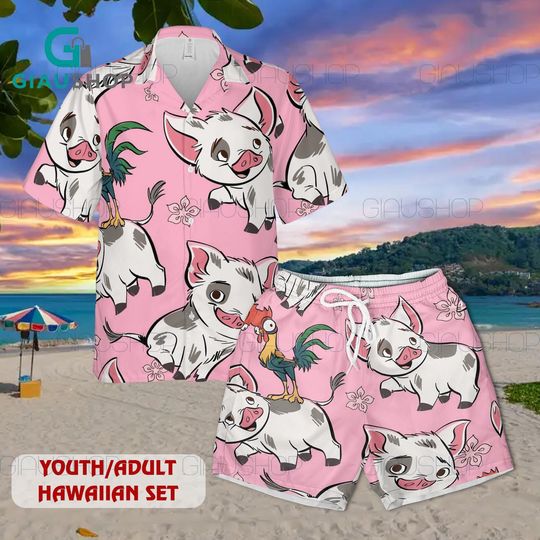 Discover Cute Pig Hawaiian Shirt & Beach Shorts Set for Youth Adult, Funny Cartoon Animal Aloha Outfit, Pink Tropical Summer Vacation Set