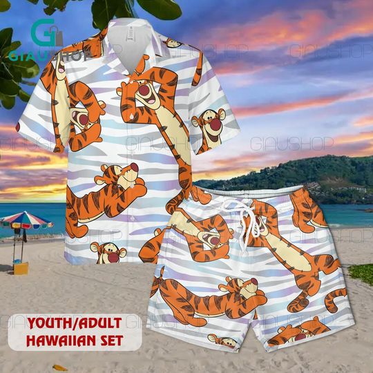 Discover Funny Tiger Hawaiian Shirt & Beach Shorts Set for Youth Adult, Cute Cartoon Animal Aloha Outfit, Tropical Summer Vacation Matching Set