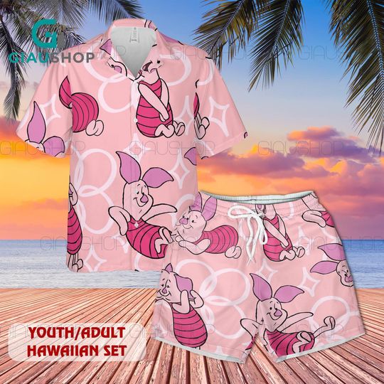 Discover Piglet Hawaiian Shirt & Beach Shorts Set for Youth Adult, Pink Cute Cartoon Aloha Outfit, Summer Vacation Matching Tropical Set