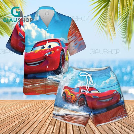 Discover Disney Cars Lightning McQueen Hawaiian Shirt Beach Shorts Set for Kids Adults, Pixar Cars Aloha Shirt and Swim Shorts Summer Vacation Outfit