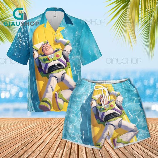 Disney Toy Story Buzz Lightyear Hawaiian Shirt & Beach Shorts Set for Kids Adults, Pixar Buzz Lightyear Aloha Shirt Summer Vacation Outfit