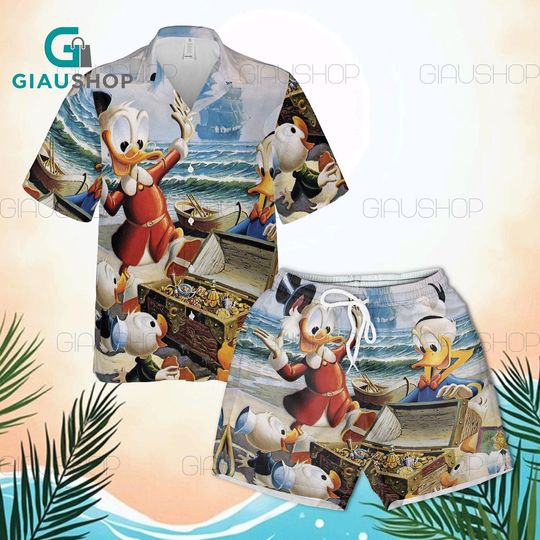 Discover Disney Donald Duck Hawaiian Shirt Set Vintage Cartoon Treasure Island Design, Summer Beach Shirt and Shorts Outfit for Vacation
