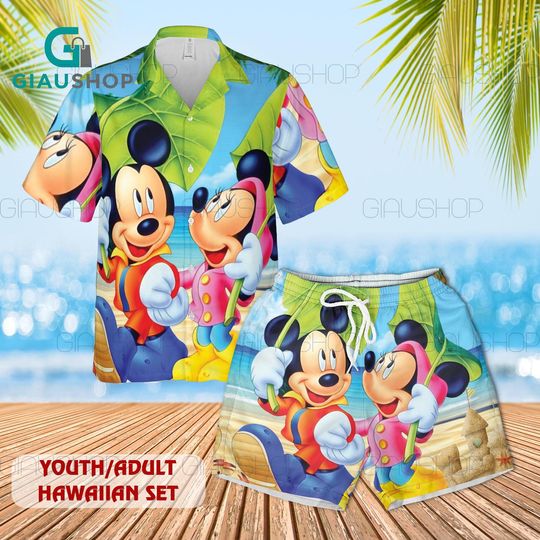 Disney Mickey Minnie Hawaiian Shirt and Shorts Set for Youth and Adult, Tropical Cartoon Beach Outfit, Summer Vacation Matching Aloha Set