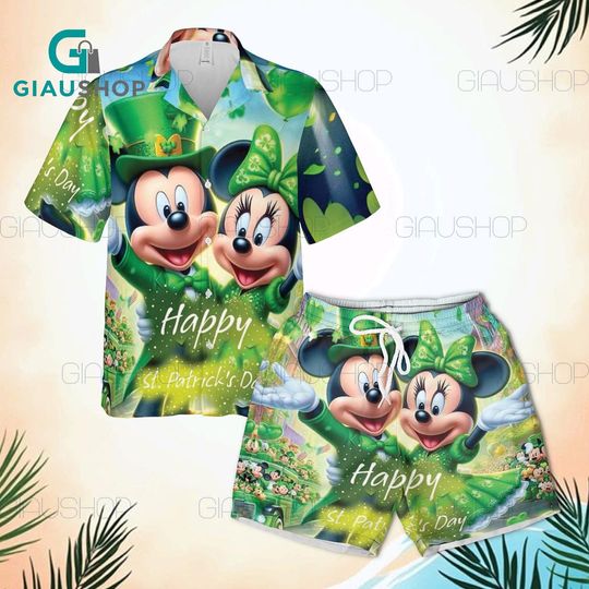 Discover Disney Mickey Mouse & Minnie St Patricks Day Hawaiian Shirt and Shorts Set for Youth and Adult, Green Lucky Cartoon Aloha Outfit