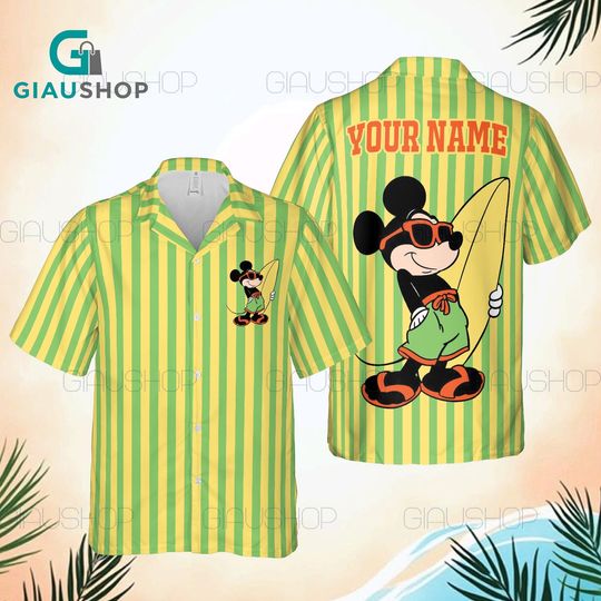 Discover Mickey Mouse Surf Hawaiian Shirt Shorts Set with Custom Name, Green Striped Aloha Outfit for Youth and Adult, Personalized Summer Beach Wear