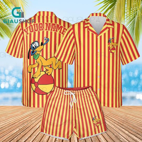 Disney Pluto Hawaiian Shirt & Shorts Set with Custom Name, Red Yellow Striped Aloha Outfit, Personalized Summer Beach Vacation Wear