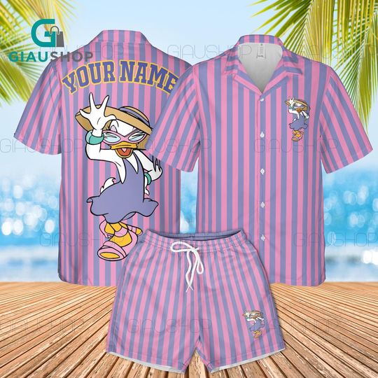 Discover Disney Daisy Duck Hawaiian Shirt & Shorts Set with Custom Name, Pink Striped Aloha Outfit for Youth and Adult, Personalized Summer Beach