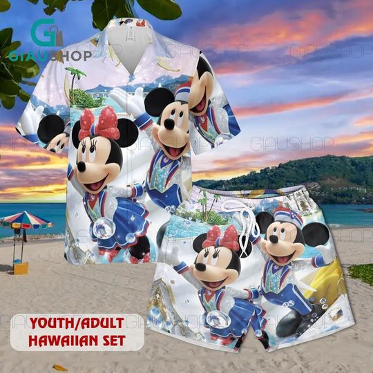 Disney Mickey & Minnie Mouse Hawaiian Shirt and Shorts Set, Youth Adult Aloha Outfit, Summer Beach Vacation Disney Matching Set