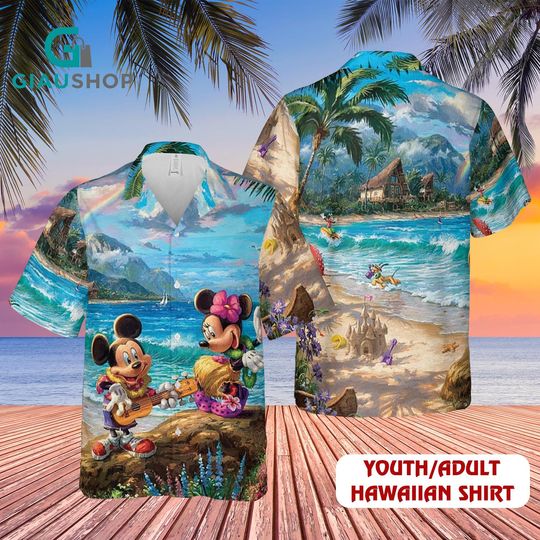 Discover Tropical Cartoon Couple Hawaiian 3D Shirt, Youth & Adult Beach Vacation Shirt, Colorful Island Summer Button Up