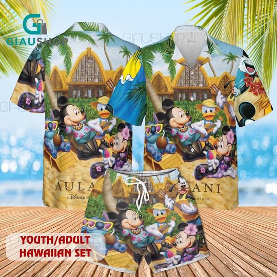 Discover Mickey Friends Aulani Hawaiian Shirt Set for Youth & Adult, Disney Resort Tropical Shirt and Shorts, Family Matching Summer Vacation Outfit