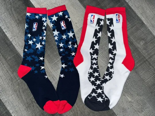 2 PAIR SET NBA LOGO MAN STARS AND STRIPES TEAM USA BLUE WHITE CREW SOCKS LARGE
