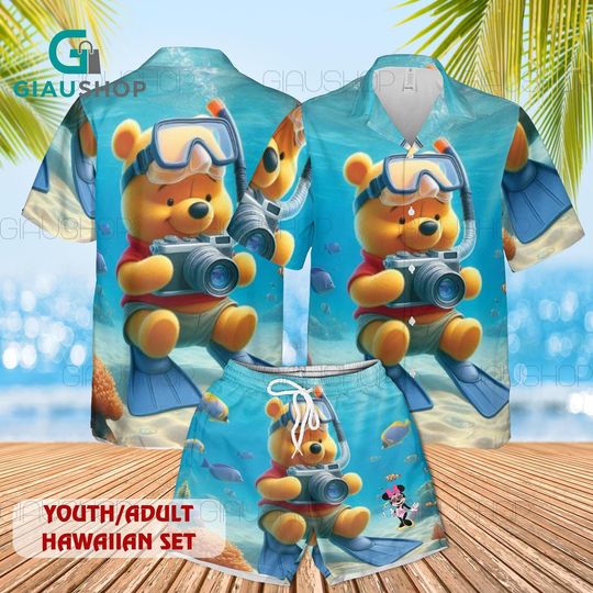 Discover Winnie Pooh Scuba Hawaiian Set, Youth Adult Hawaiian Shirt And Shorts, Summer Beach Outfit