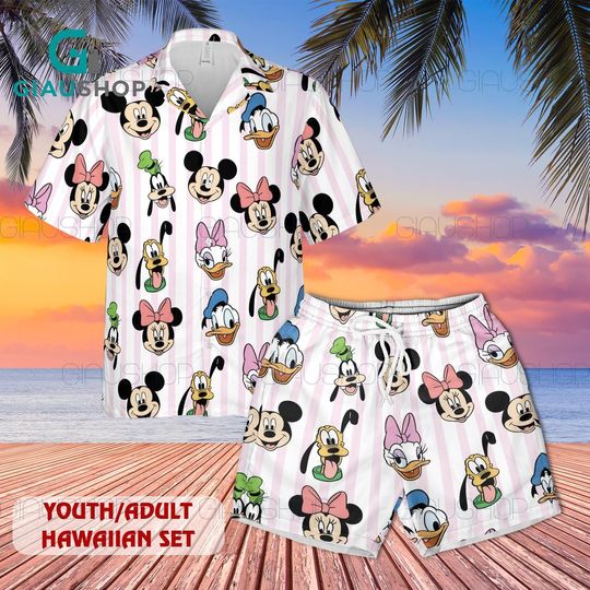Disney Mickey & Friends Hawaiian Shirt Set, Mickey Minnie Donald Goofy Pink Stripe Hawaiian Shirt and Shorts, Youth Adult Summer Outfit