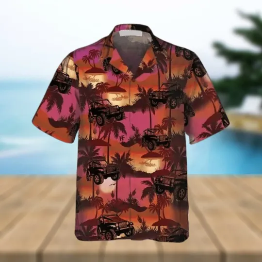 Discover Jeep Tropical Palm Trees Beach At Sunset Pattern Hawaiian Shirt