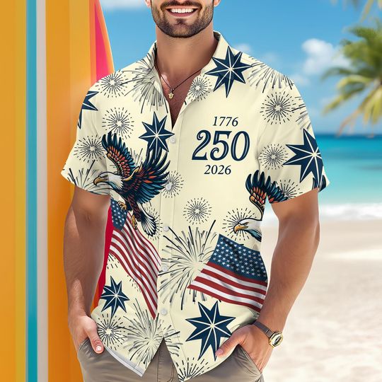 Discover USA 250th Anniversary Hawaiian Shirt & Shorts Set  Patriotic Eagle Button-Down Outfit