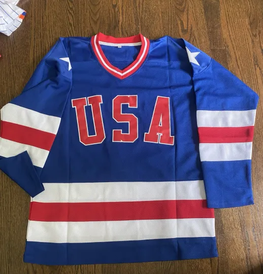 Discover USA Hockey Jersey Olympics 1980 Blue Hone Knit Sweater Fast Ship AHL XL