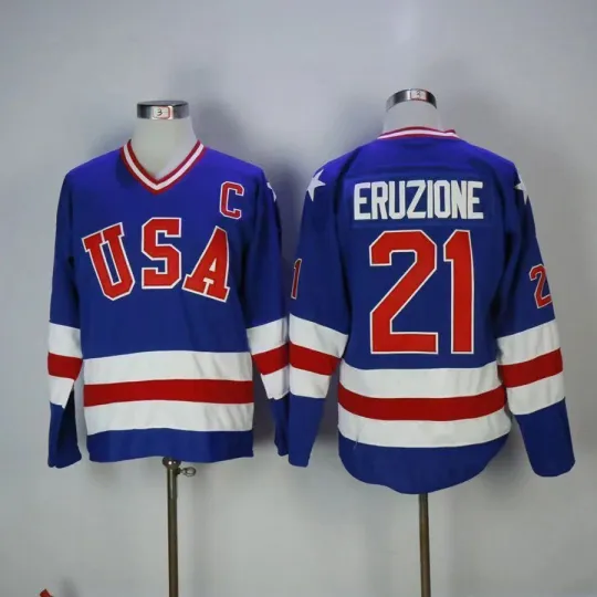 1980 Miracle on Ice Team USA Mike Eruzione 21# Mens Ice Hockey Jerseys