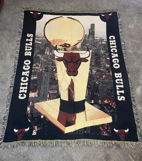 90s Chicago Bulls NBA Championship Basketball Blanket Throw Woven Fringe 🔥67x50