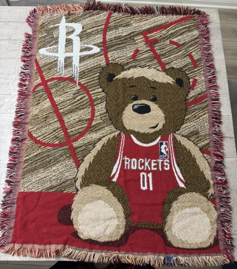Vintage NBA Houston Rockets Teddy Bear Woven Tapestry Throw Blanket Retro