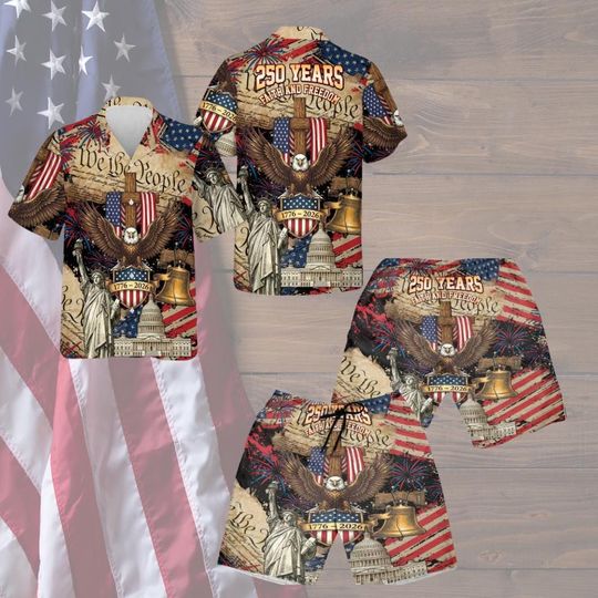 Discover USA 250th Anniversary Hawaiian Shirt, America 250th Button Shirt, Patriotic Eagle, 4th of july shirt, 250 Years Of Freedom hawaiian short