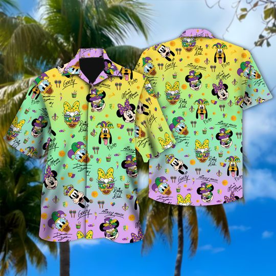 Discover Disney Mickey and Friends Signatures Mardi Gras Hawaiian Shirt, Family Festival Button Tee, Disney Carnival Trip Shirt