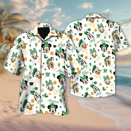 Discover Disney Mickey and Friends Signatures Happy St.Patrick's Day Hawaiian Shirt, Ireland Family Patrick Day Trip Button Tee, Irish Shamrock Shirt