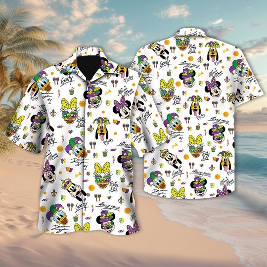 Discover Disney Mickey and Friends Signatures Mardi Gras Hawaiian Shirt, Family Festival Button Tee, Disneyland Carnival Trip Shirt