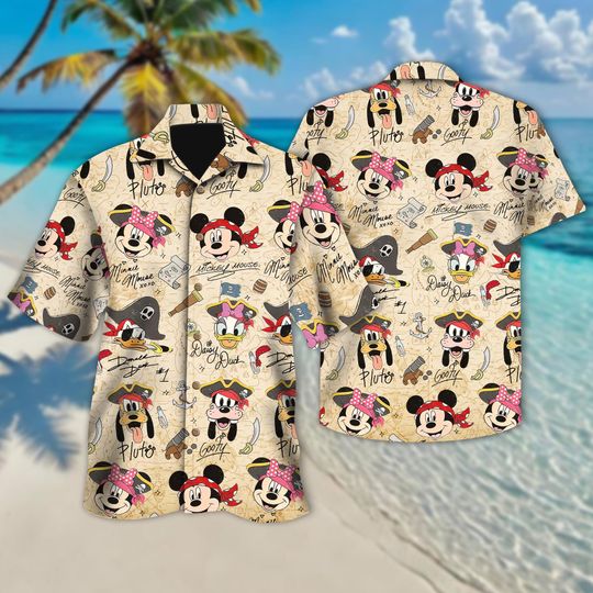 Retro Disney Pirate Mickey & Friends Hawaiian Shirt, Disney Mickey Minnie Donald Daisy Pluto Goofy Button Up, Disney Trip Matching Shirt