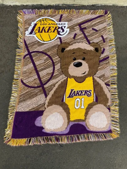 Discover Los Angeles Lakers NBA Woven Throw Blanket Laker Bear Size: 35" X 46"