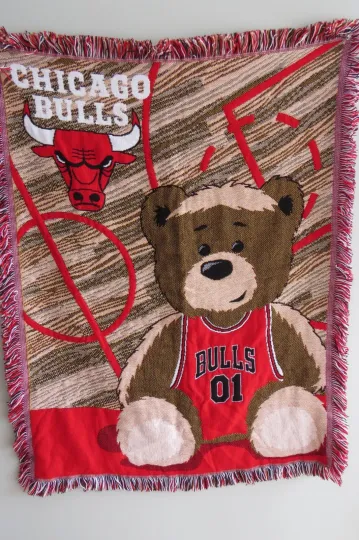 Chicago Bulls Teddy Bear Woven Throw Blanket Red Black Fringe