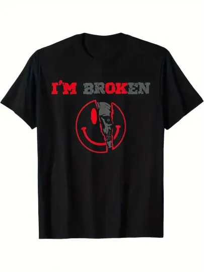 Discover Men's "I'm Broken" Skull Graphic T-Shirt - Black Cotton Crew Neck Tee with Red &